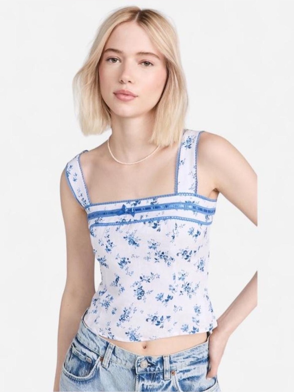 Reformation Eloise Floral Print Linen Corset Style Tank Top Blue Ribbon